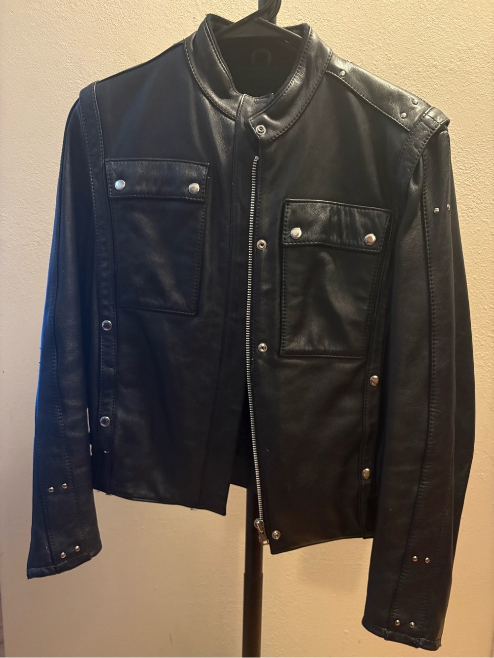 Men's Black Leather Snap-Front Jacket